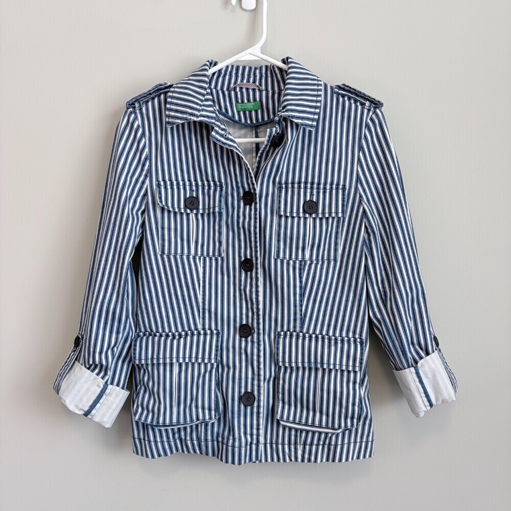United Colors Benetton Rain Jacket Spring Blue White Stripes Women's Size Small